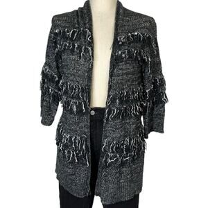 Knox Rose White Black Fringe Open Front Cardigan Sweater Boho Size XS